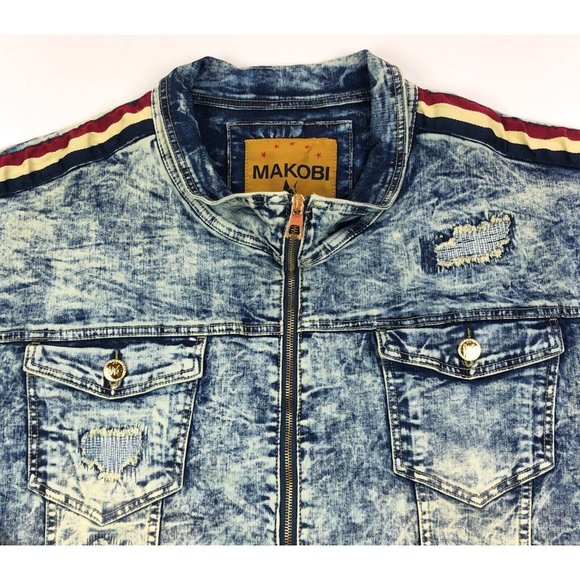 Makobi Mens 6XB Acid Wash Blue Denim Jean Track Jacket Distressed Faded Stripes - Picture 4 of 12